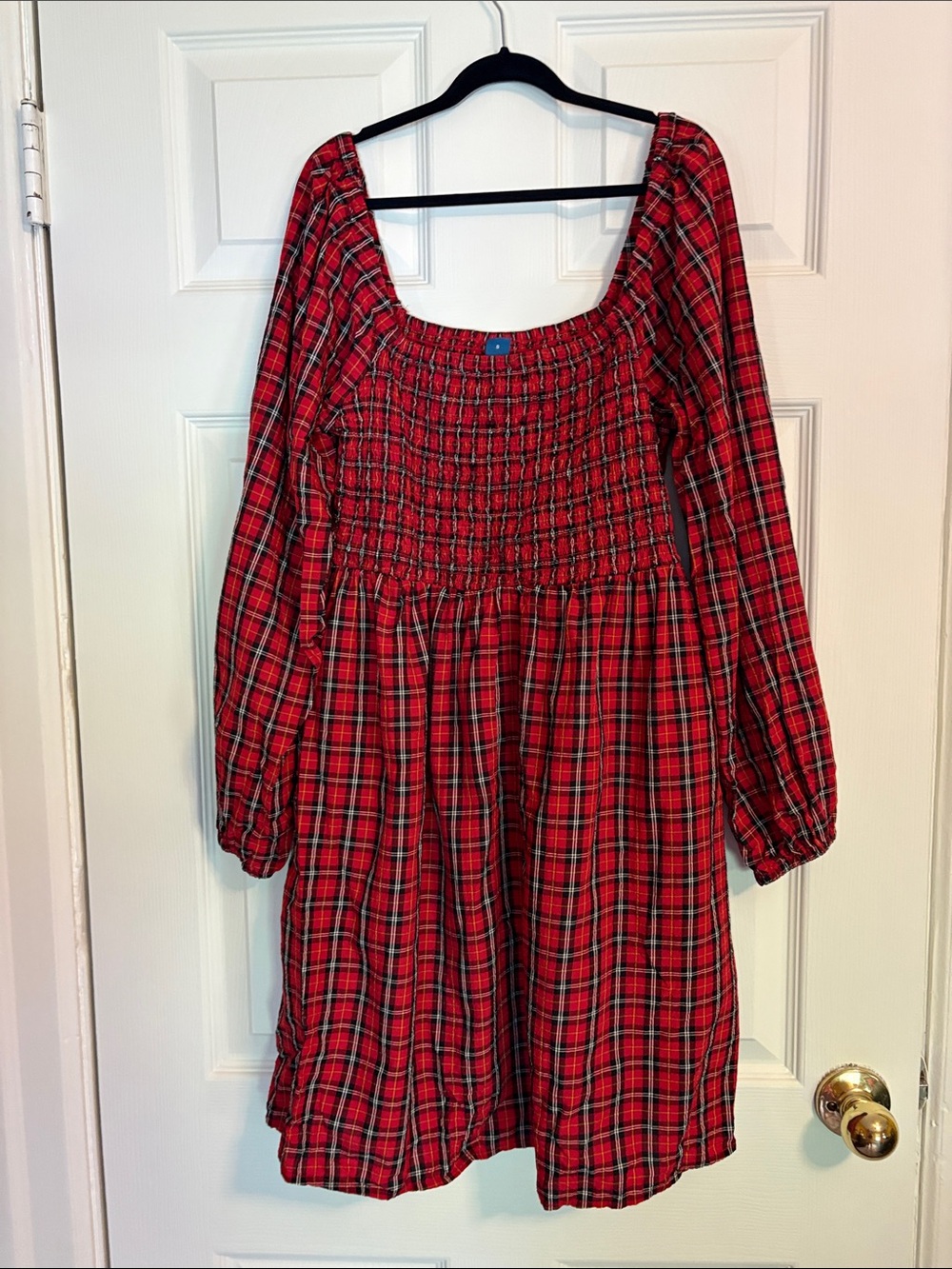 Old Navy Red Plaid Long-Sleeve Smocked Dress